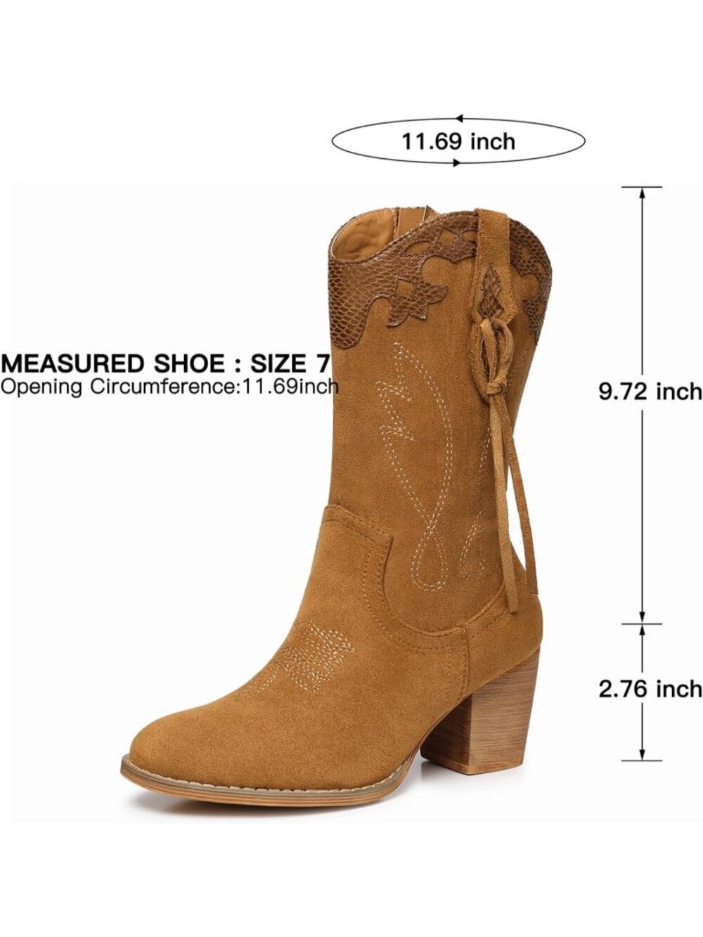 Women's Camel Western Country High Heel Boots Suede Zipper Mid Calf Booties - Picture 6 of 6